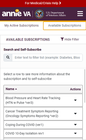 Screenshot of Annie Health Texting app showing the Available Subscriptions tab