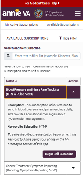 Screenshot of Annie Health Texting app showing the Begin Self-Subscribe button