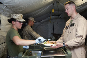 Service members in a cafeteria