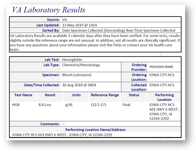 Screenshot of VA lab results