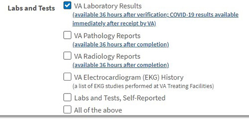 Labs and Tests check boxes