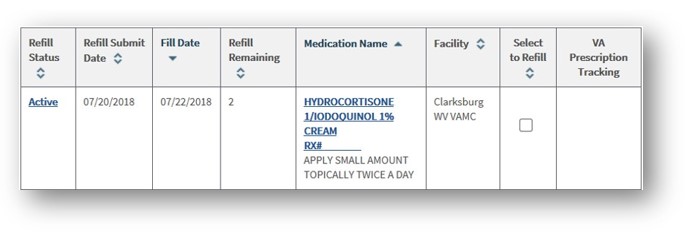 Screenshot of a VA Medication Chart on My HealtheVet
