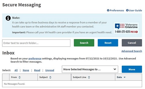 Screenshot of Secure Messaging in My HealtheVet