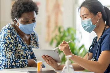 A Veteran talking with her specialist about her pain management plan