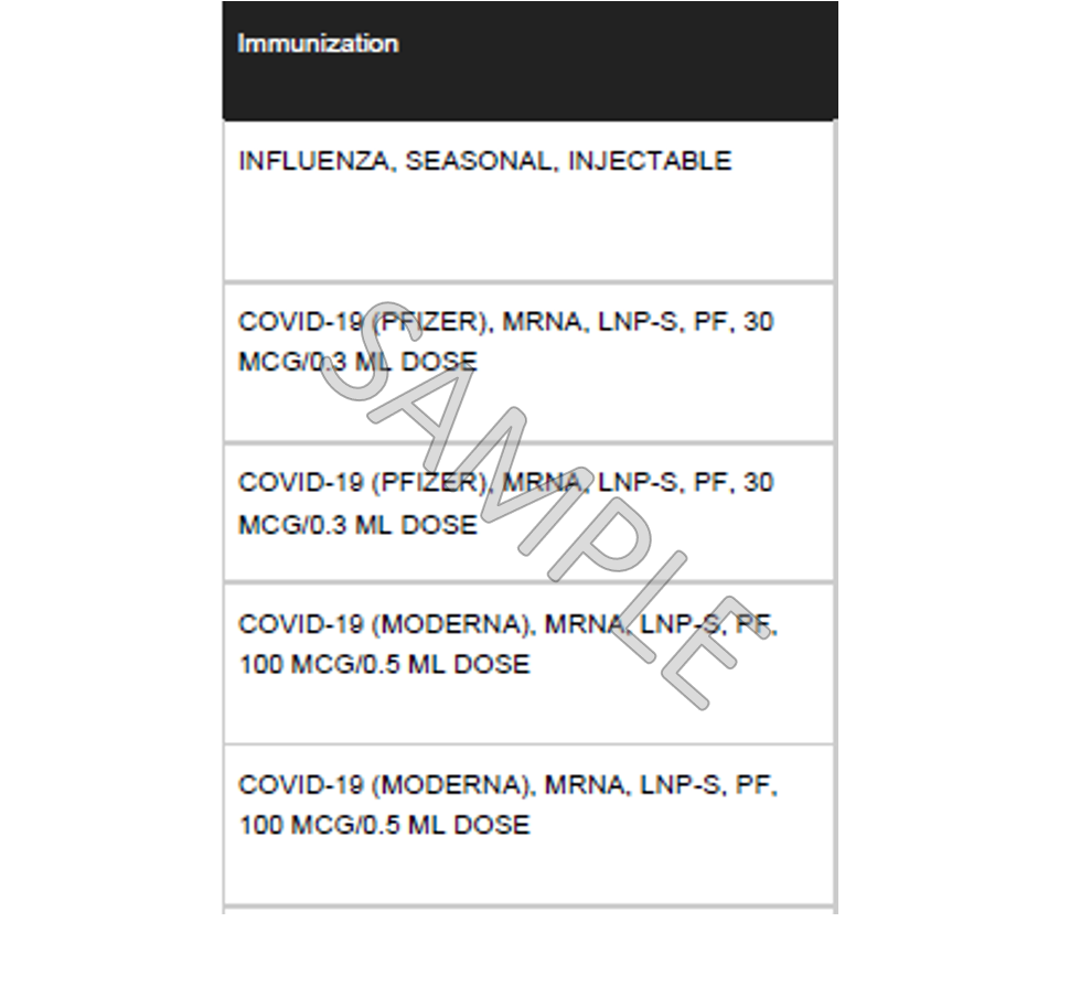 Immunizations list screenshot